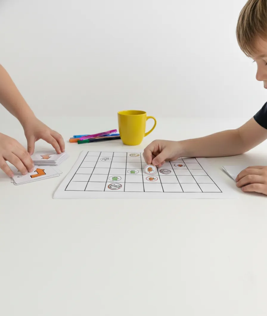 Dos niños juegan a ¡Atrápame! sobre una mesa, con el tablero impreso, las fichas de robot y las cartas de instrucción.