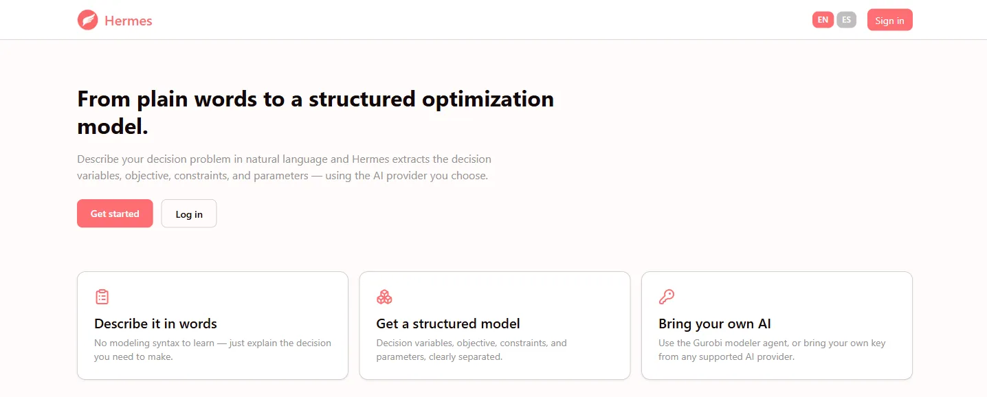 The Hermes site: the headline “From plain words to a structured optimization model” above three cards describing how the product works.