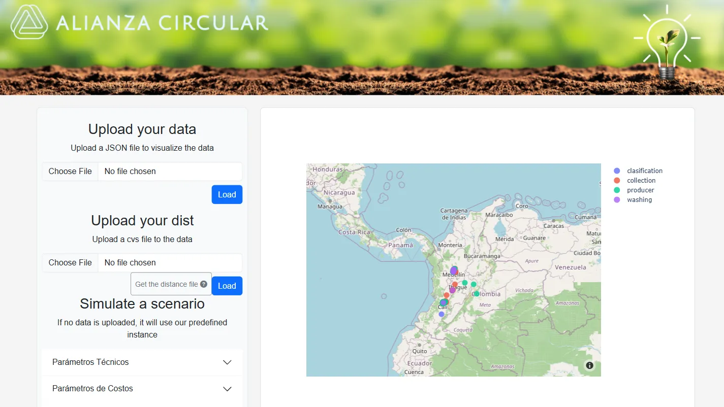 Interfaz del simulador con los paneles de carga de datos y parámetros a la izquierda, y a la derecha el mapa de Colombia con los nodos de la red de envases.